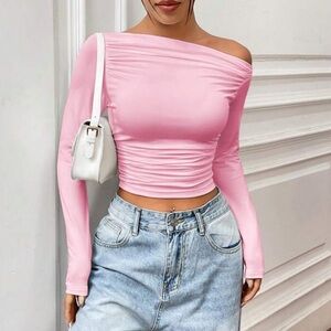 SHEIN Elegant Pink Off-Shoulder Ribbed Sides Women's Top